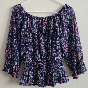 Pink and Purple Floral 3/4 Sleeve Ruffled Blouse